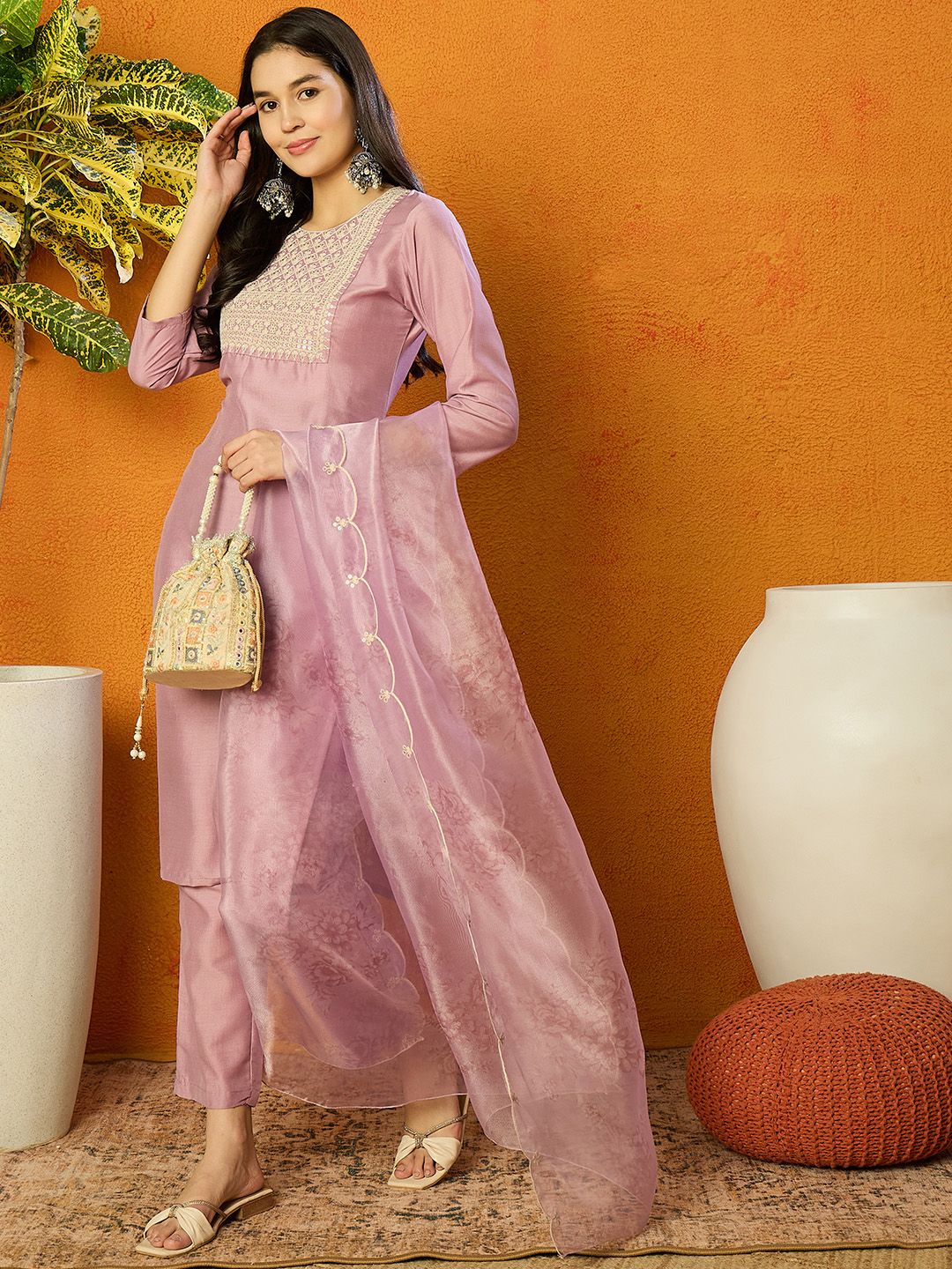 KALINI Yoke Design Regular Sequinned Straight Kurta with Trousers & Dupatta