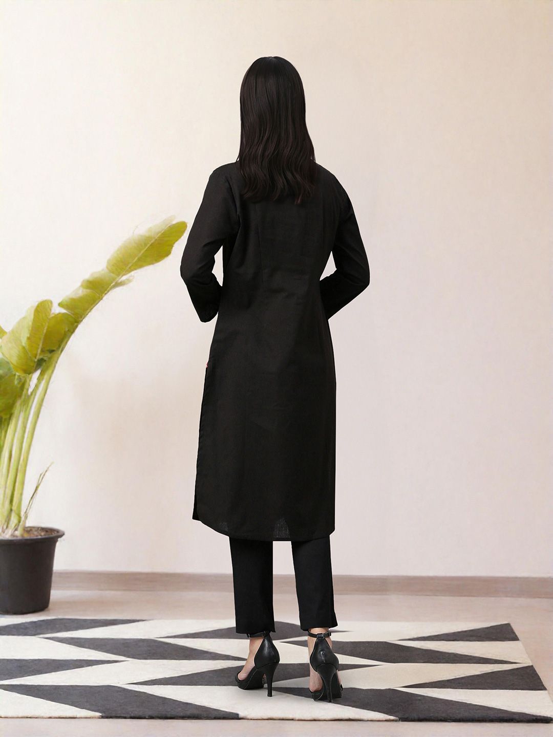 W Women Black Solid Mandarin Collar Cotton Kurta