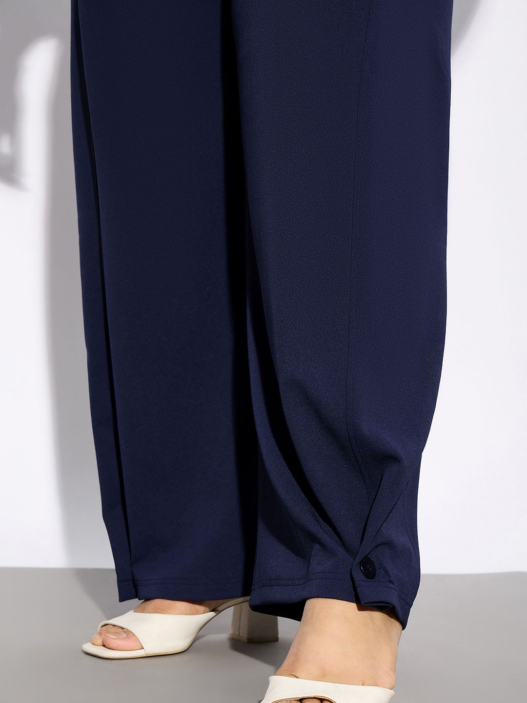 SASSAFRAS Curve Women Plus Size Navy Blue Straight Fit Hem Button Detail Parallel Trousers