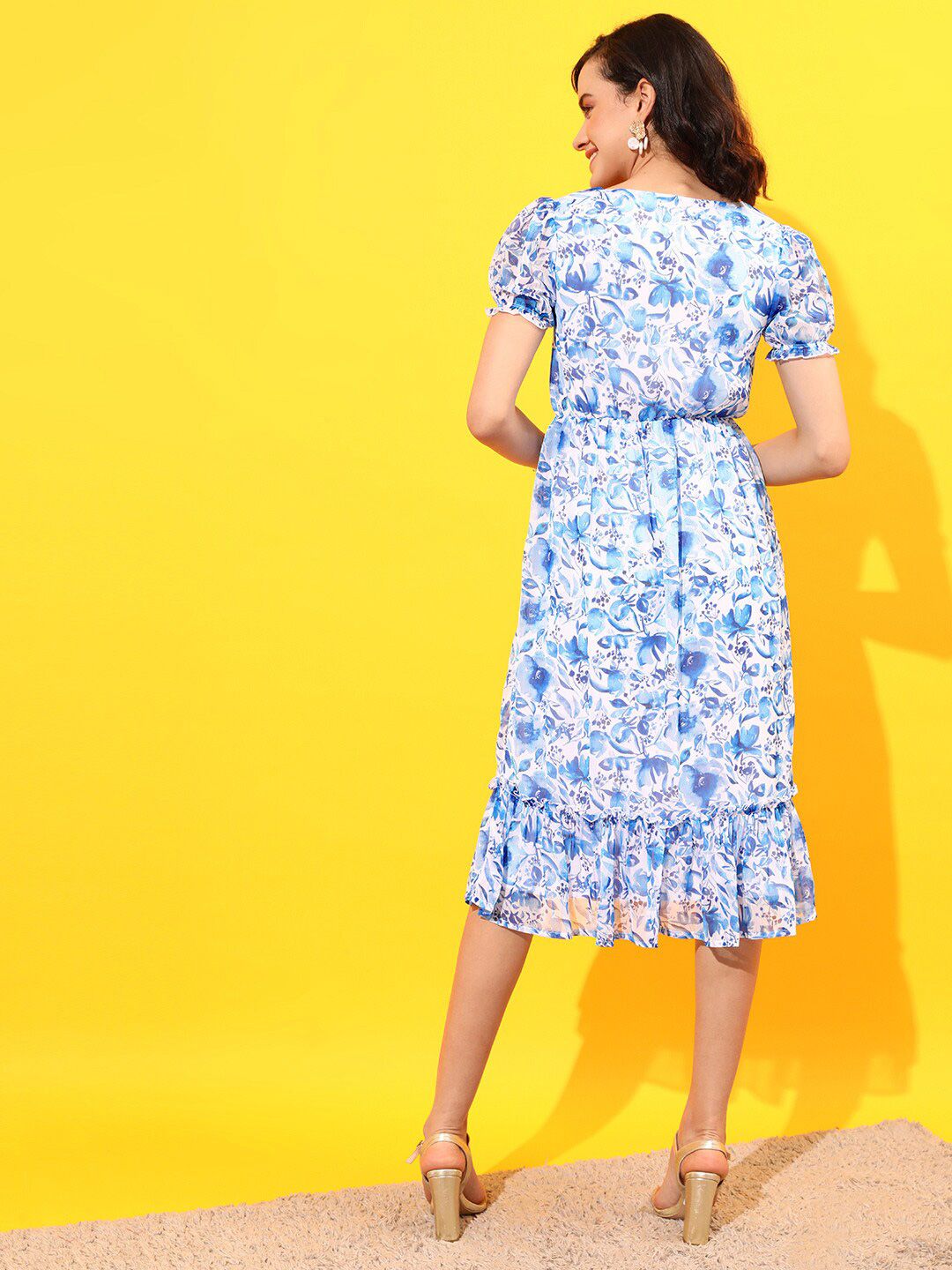 STREET 9 Floral Printed V Neck Puff Sleeves Dress