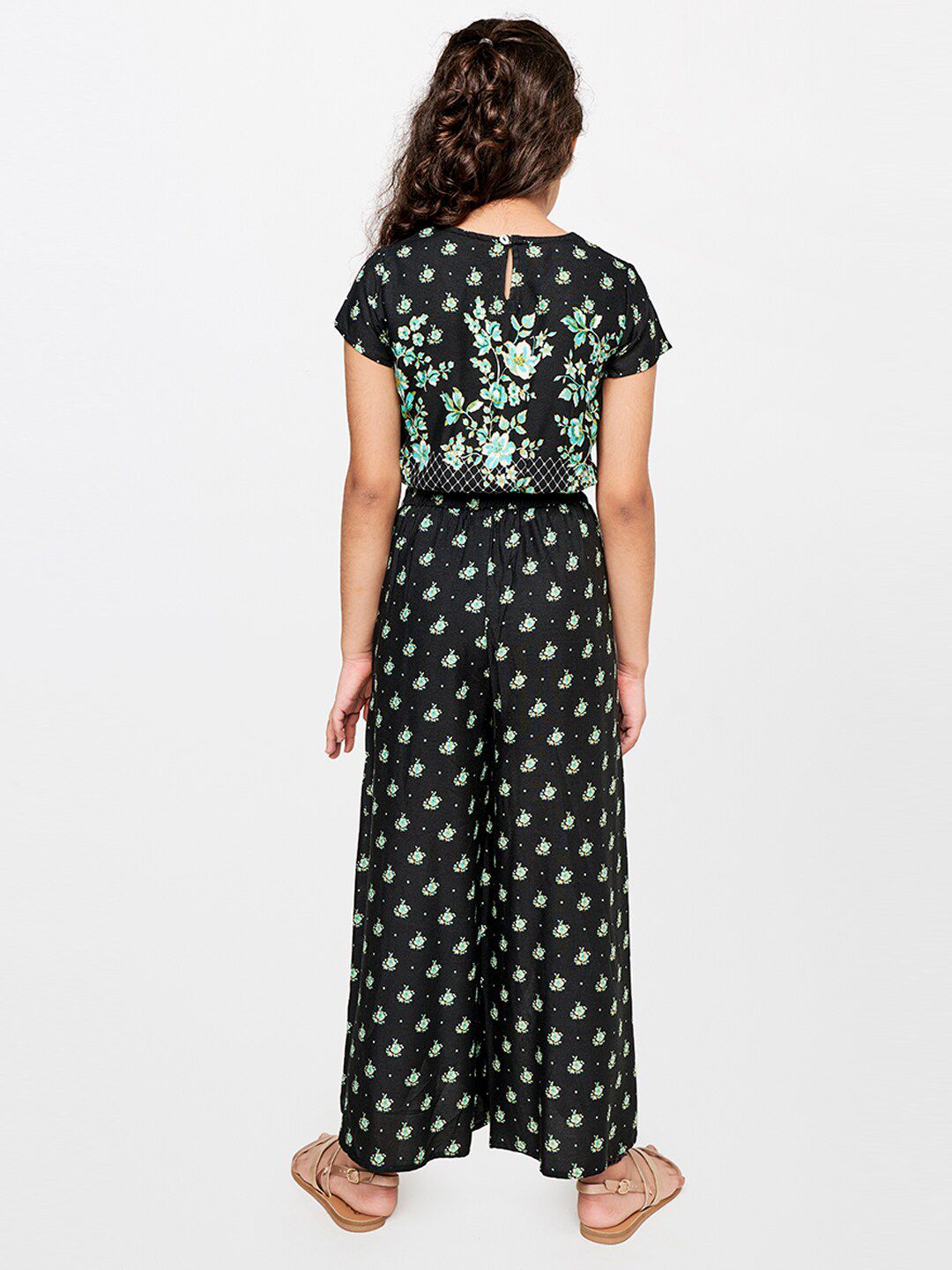 Global Desi Girls Black & Green Printed Top with Palazzo
