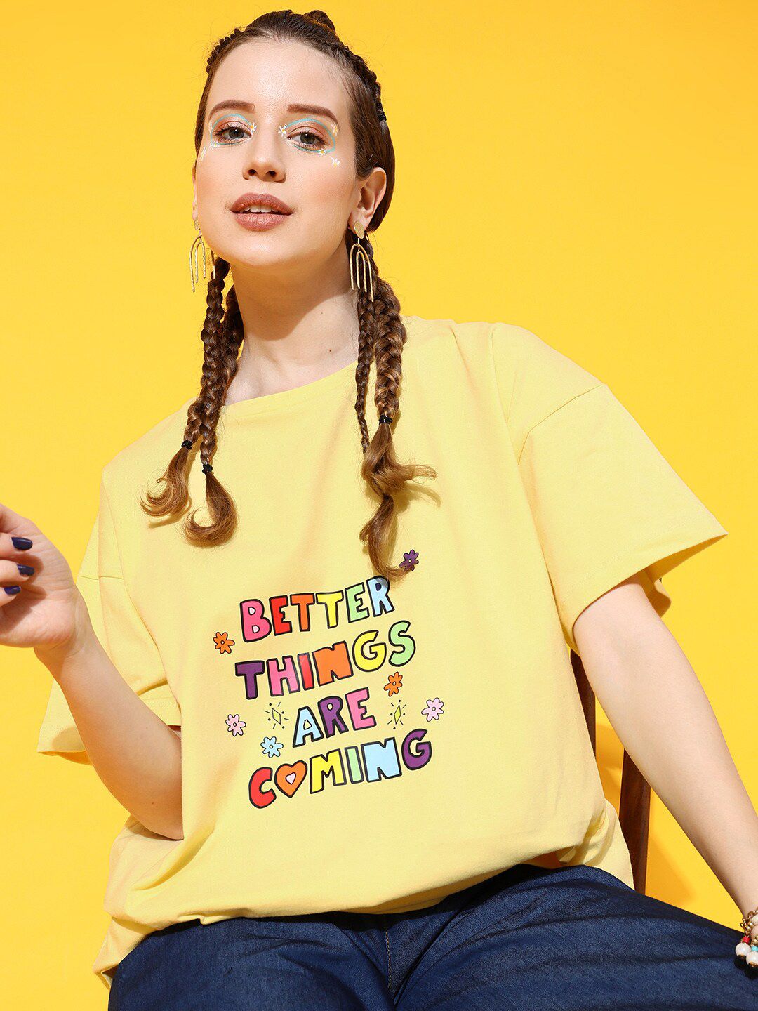STREET 9 Women Yellow Printed Cotton Drop-Shoulder Sleeves Bio Finish Oversized T-shirt