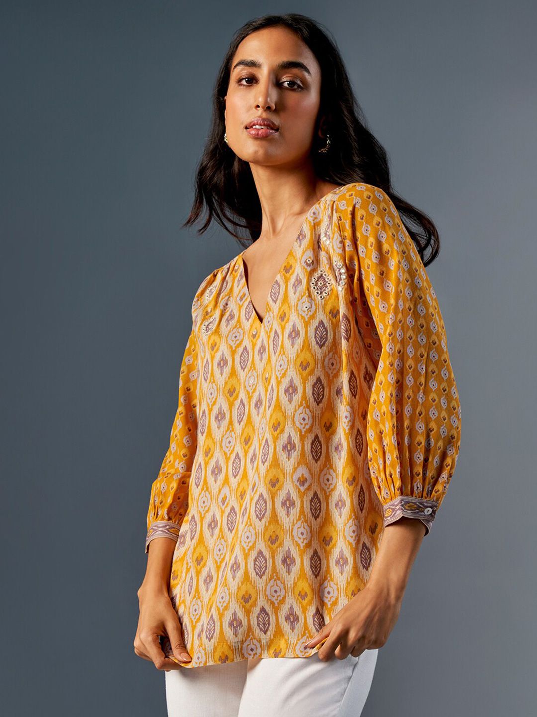 Global Desi Ethnic Motifs Printed V-Neck Puff Sleeve Top