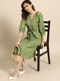 all about you Printed A-Line Ethnic Dress with Belt