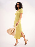 SASSAFRAS BASICS Khaki Striped Cotton Midi Sheath Dress
