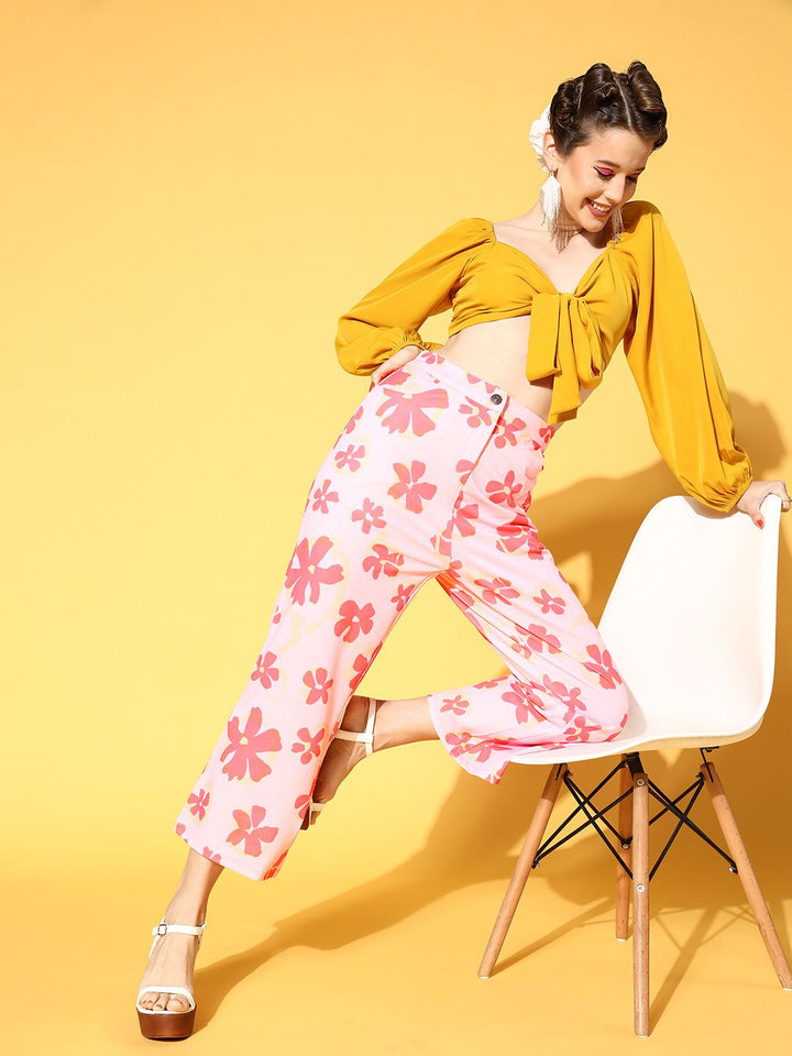 Athena Women Pretty Pink Floral Graduated Flared Trousers