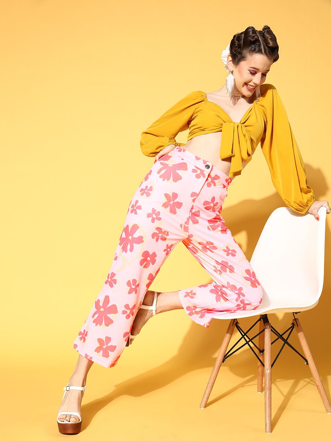 Athena Women Pretty Pink Floral Graduated Flared Trousers