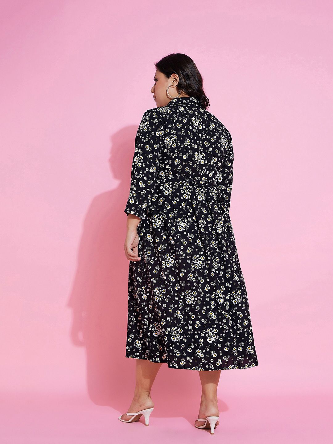 SASSAFRAS Curve Black Plus Size Floral Printed Shirt Collar Belted Shirt Midi Dress