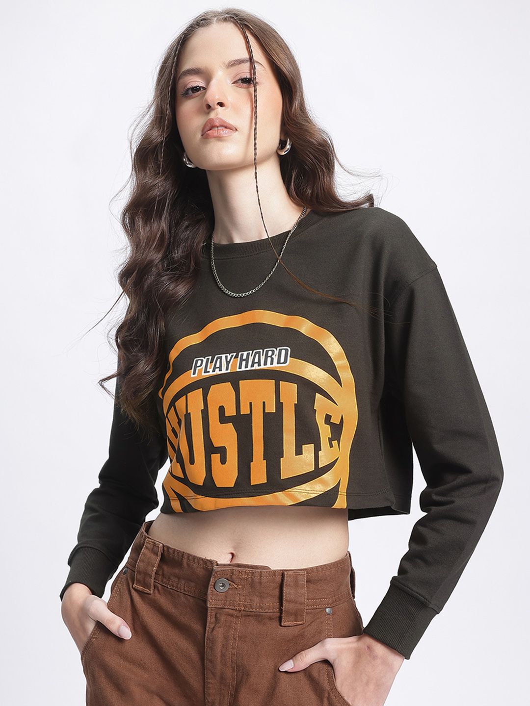 DressBerry Hustle Hard Printed Crop Sweatshirt