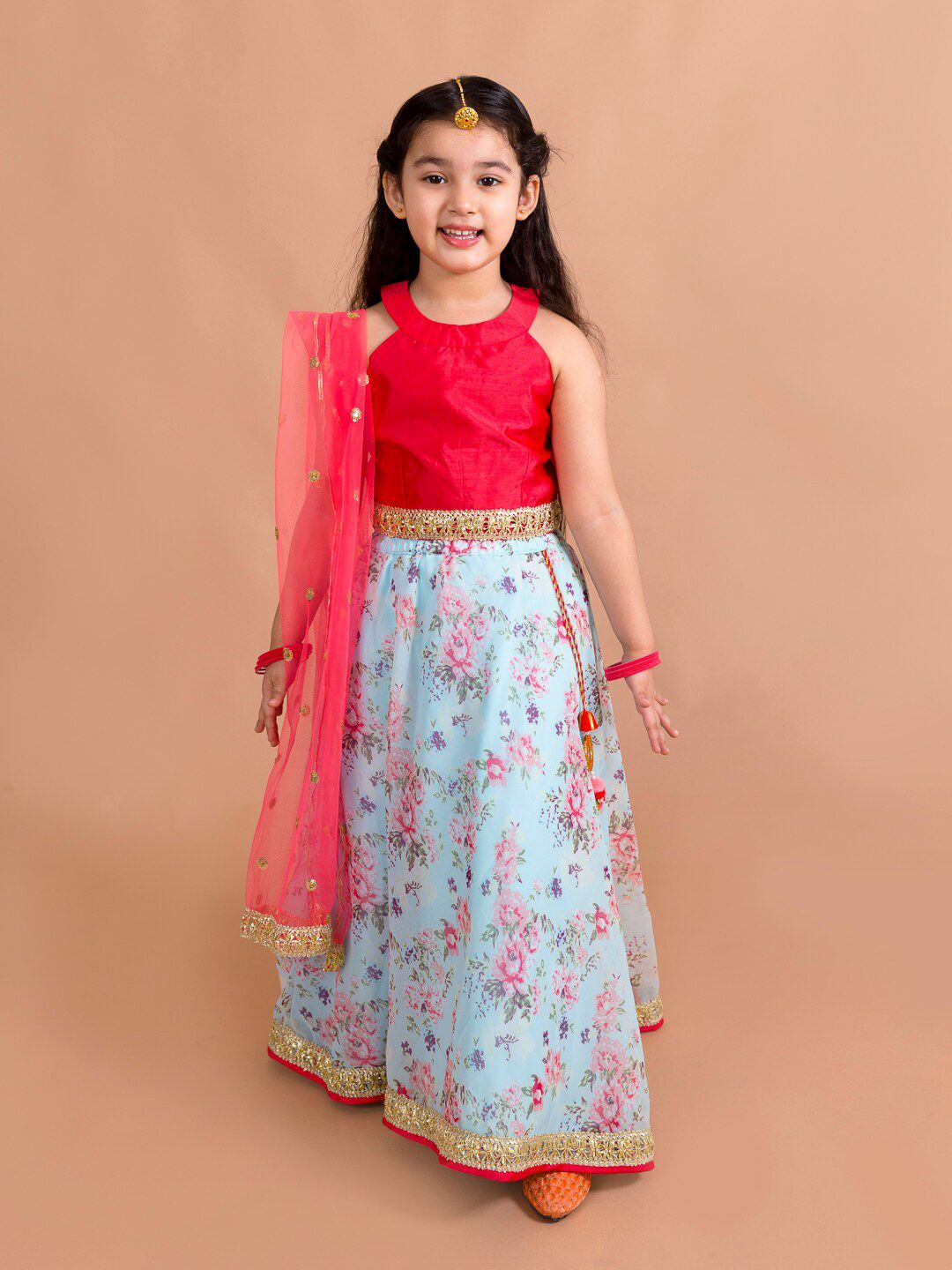 Ps Peaches Girls Red & Blue Floral Lehenga Choli Set