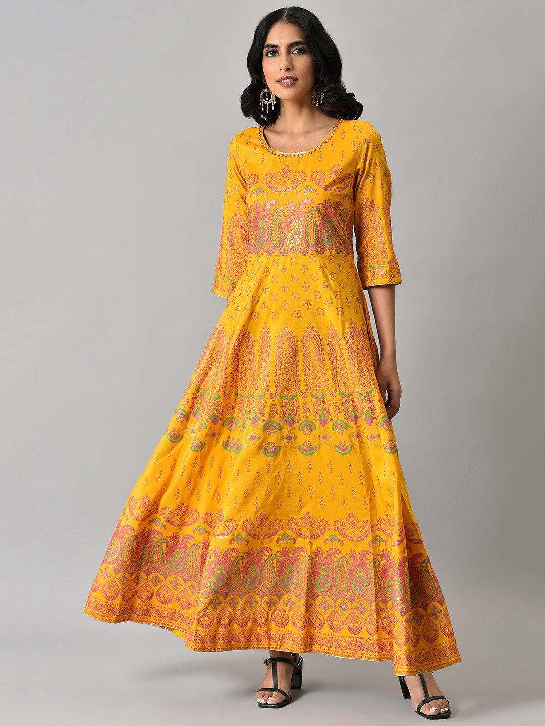 W Women Yellow & Pink Printed Polyester Ethnic Maxi Dress