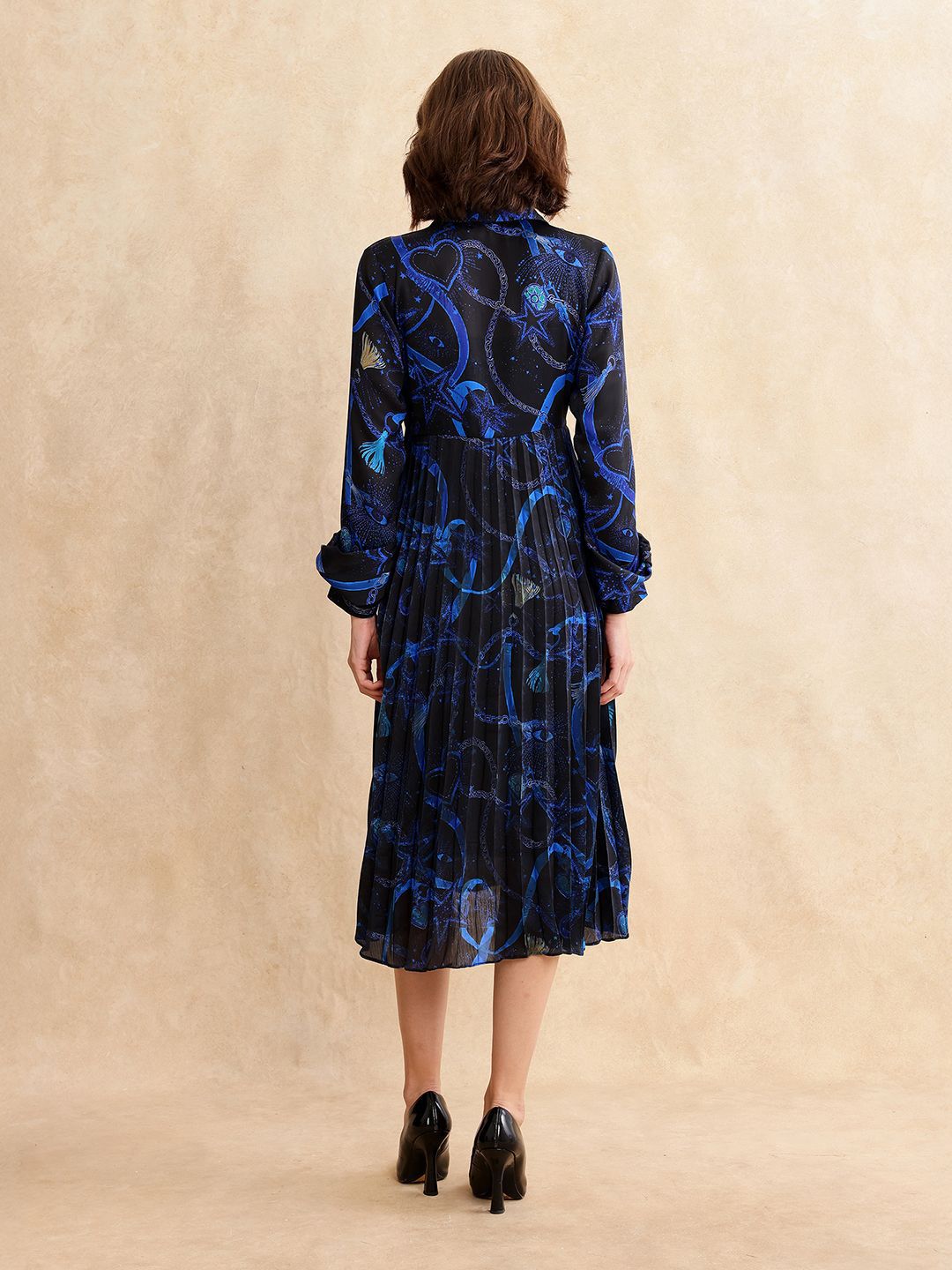 RAREISM Women Printed Shirt Collar Fit & Flare Pleated Midi Dress