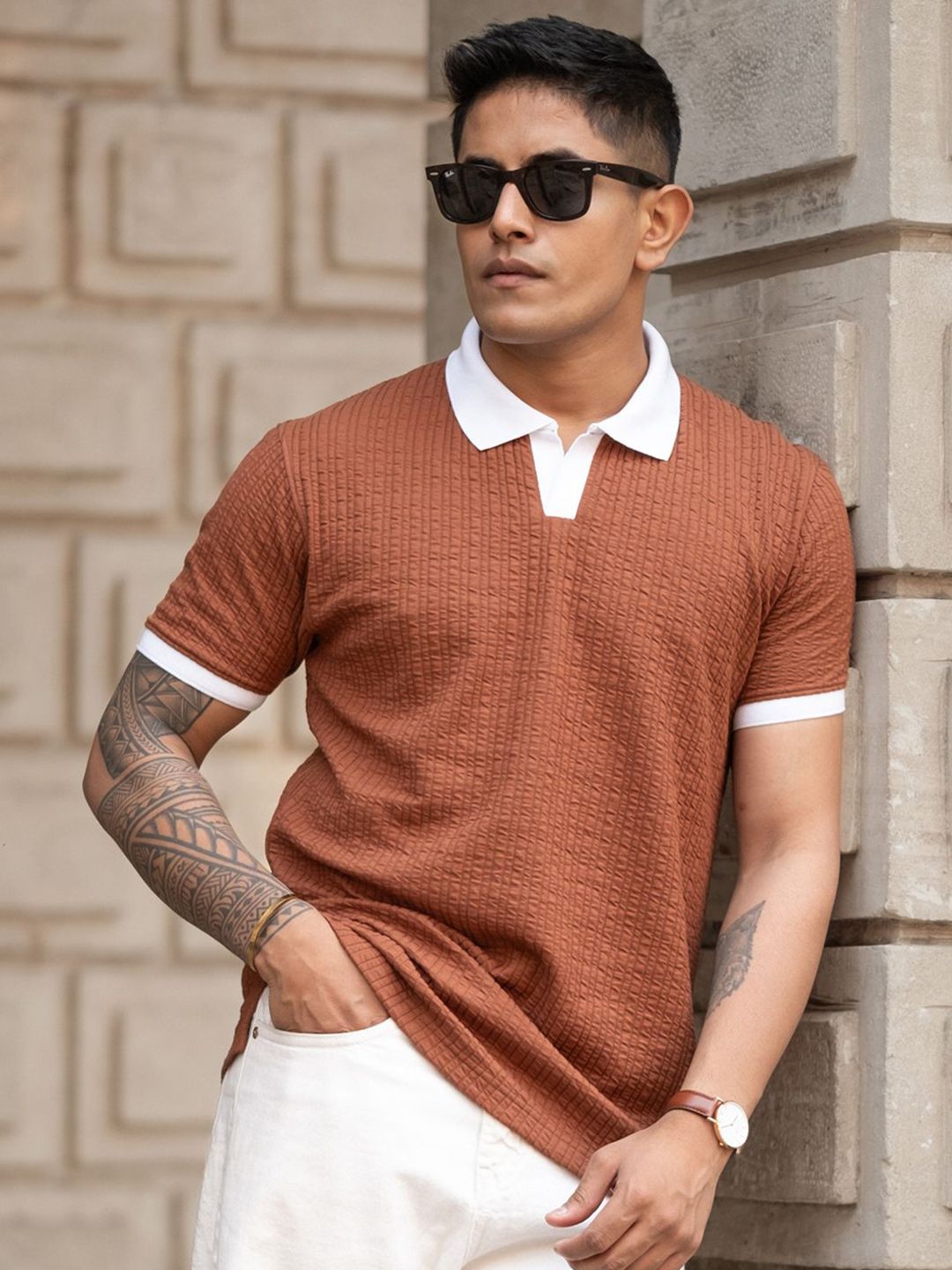 Powerlook Men Self Design Polo Collar Cotton T-shirt