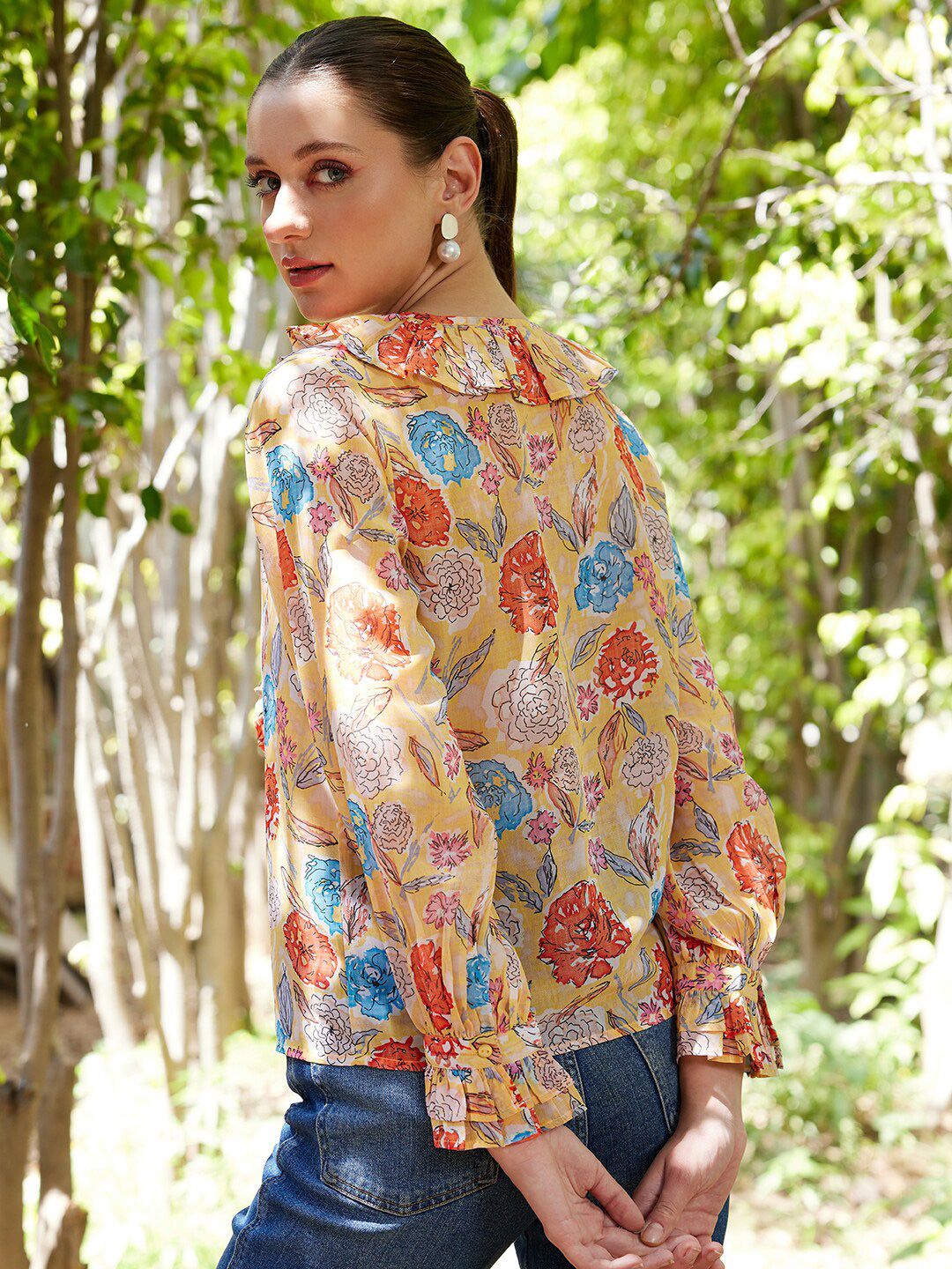 STREET 9 Yellow Floral Printed Bell Sleeve Ruffles Top
