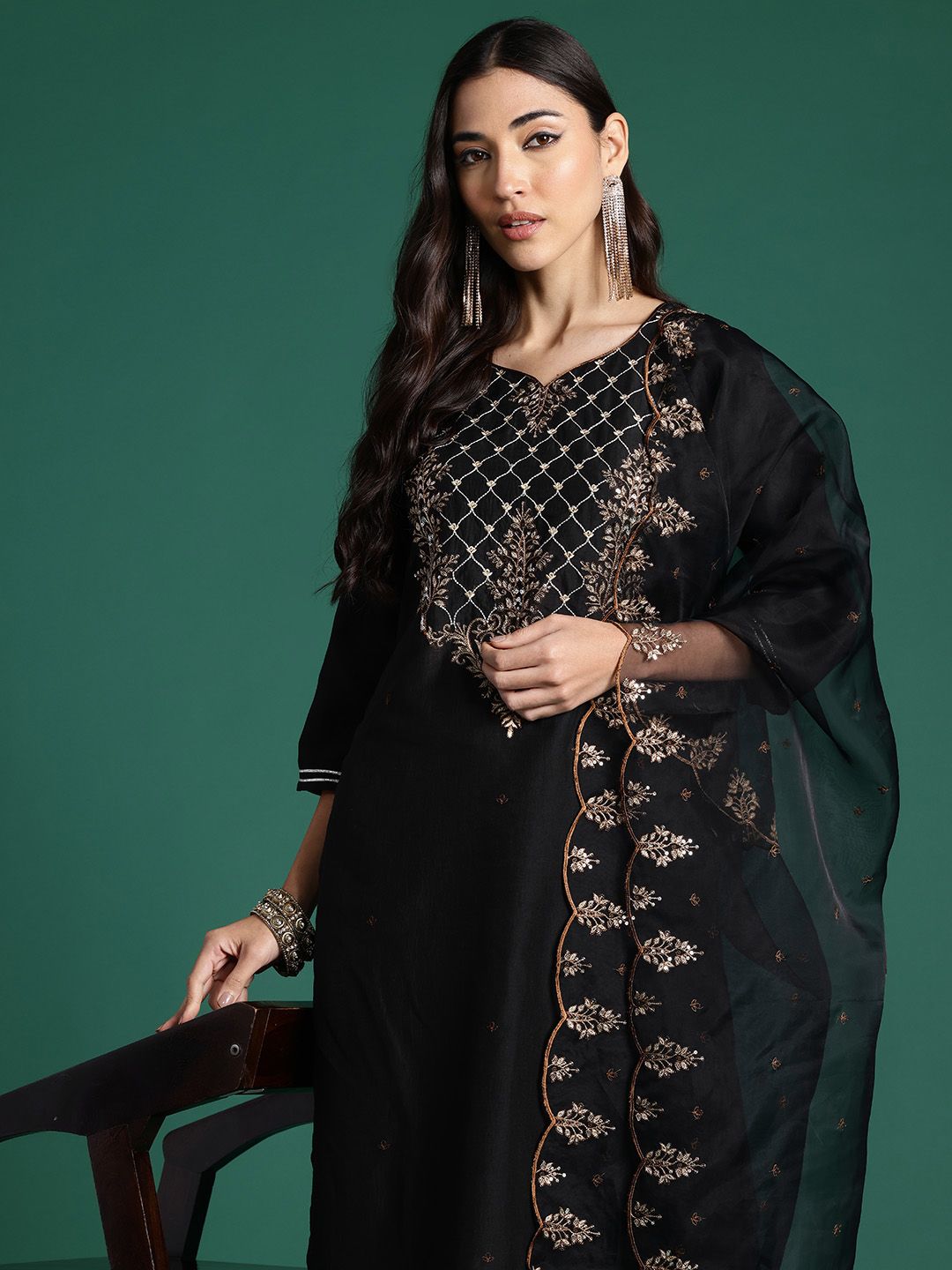 Indo Era Ethnic Motifs Embroidered Zari Liva Kurta with Trousers & With Dupatta