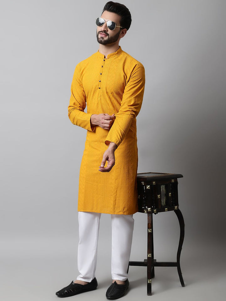 Jompers Men Mustard Yellow Embroidered Pure Cotton Kurta