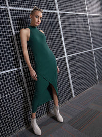 SASSAFRAS Green High Neck Sheath Midi Dress