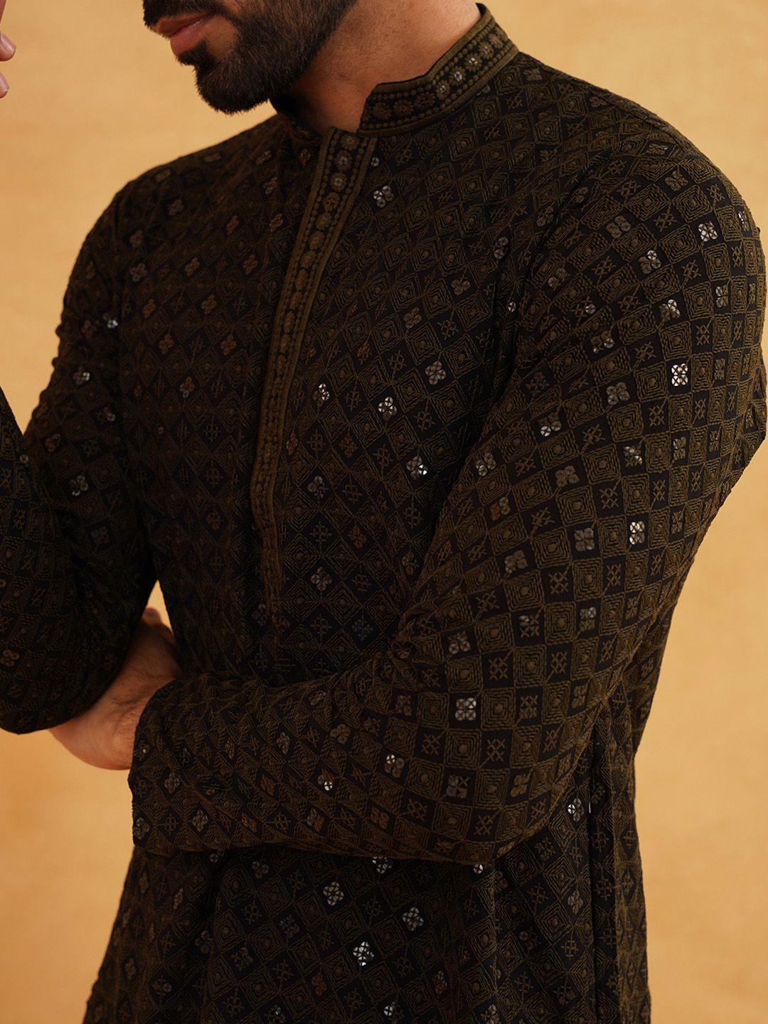 SOJANYA Ethnic Motifs Embroidered Mandarin Collar Sequined Pure Cotton Straight Kurta