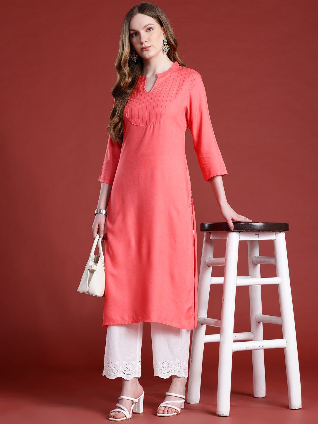 Anouk Self-Striped Band Collar Calf Length Straight Kurta