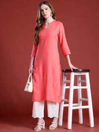 Anouk Self-Striped Band Collar Calf Length Straight Kurta