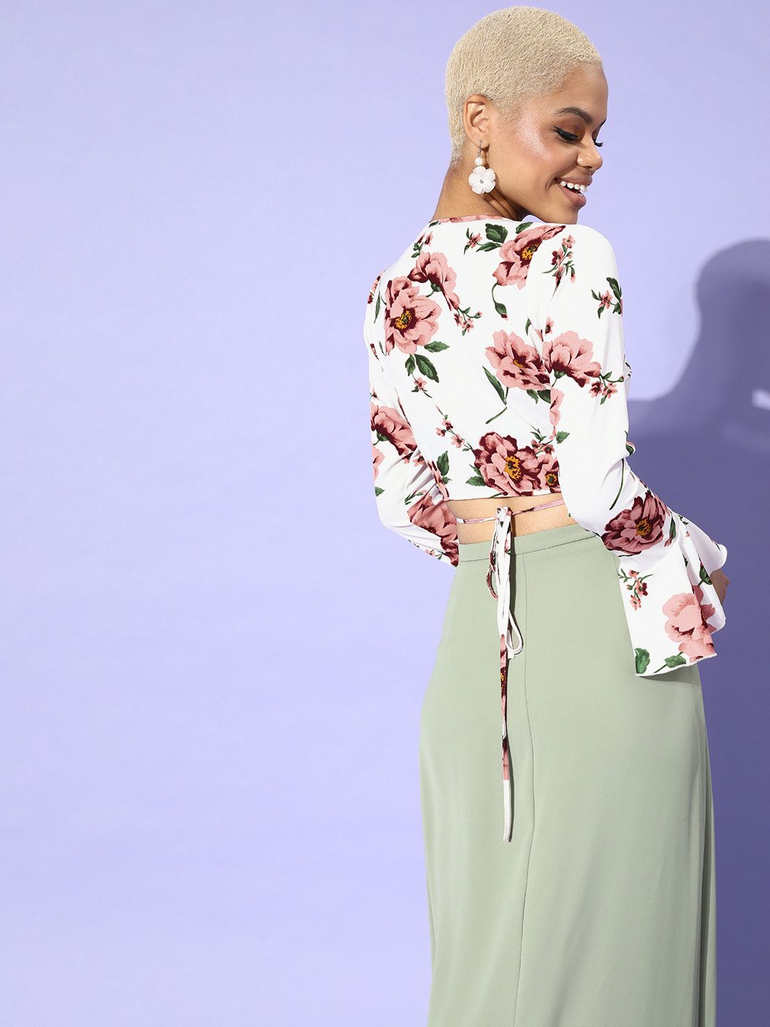 Berrylush Women White Floral Bell Sleeves Top