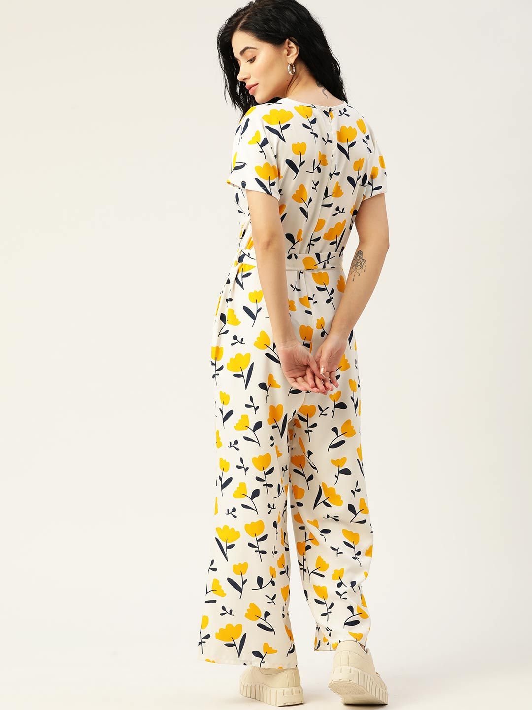 DressBerry Women White & Yellow Floral Printed Basic Jumpsuit
