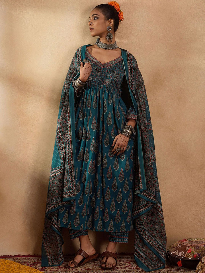 Indo Era Floral Printed Empire Pure Cotton A-Line Kurta with Trousers & Dupatta