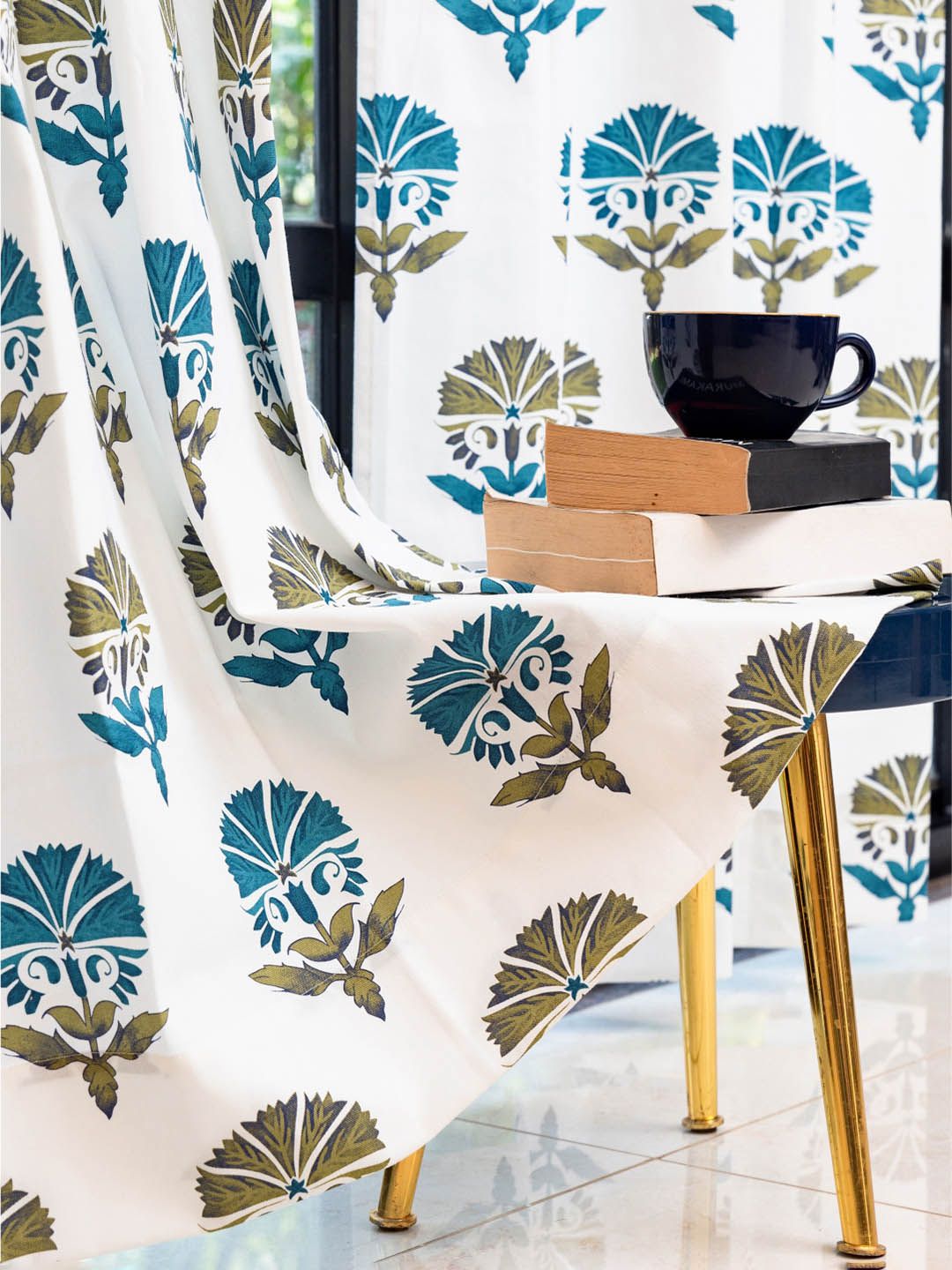 URBAN SPACE White & Blue 2 Pieces Floral Printed Window Curtain