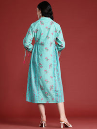 Anouk Floral Print Pleated Tasseled Shirt Collar Pure Cotton Ethnic Dress