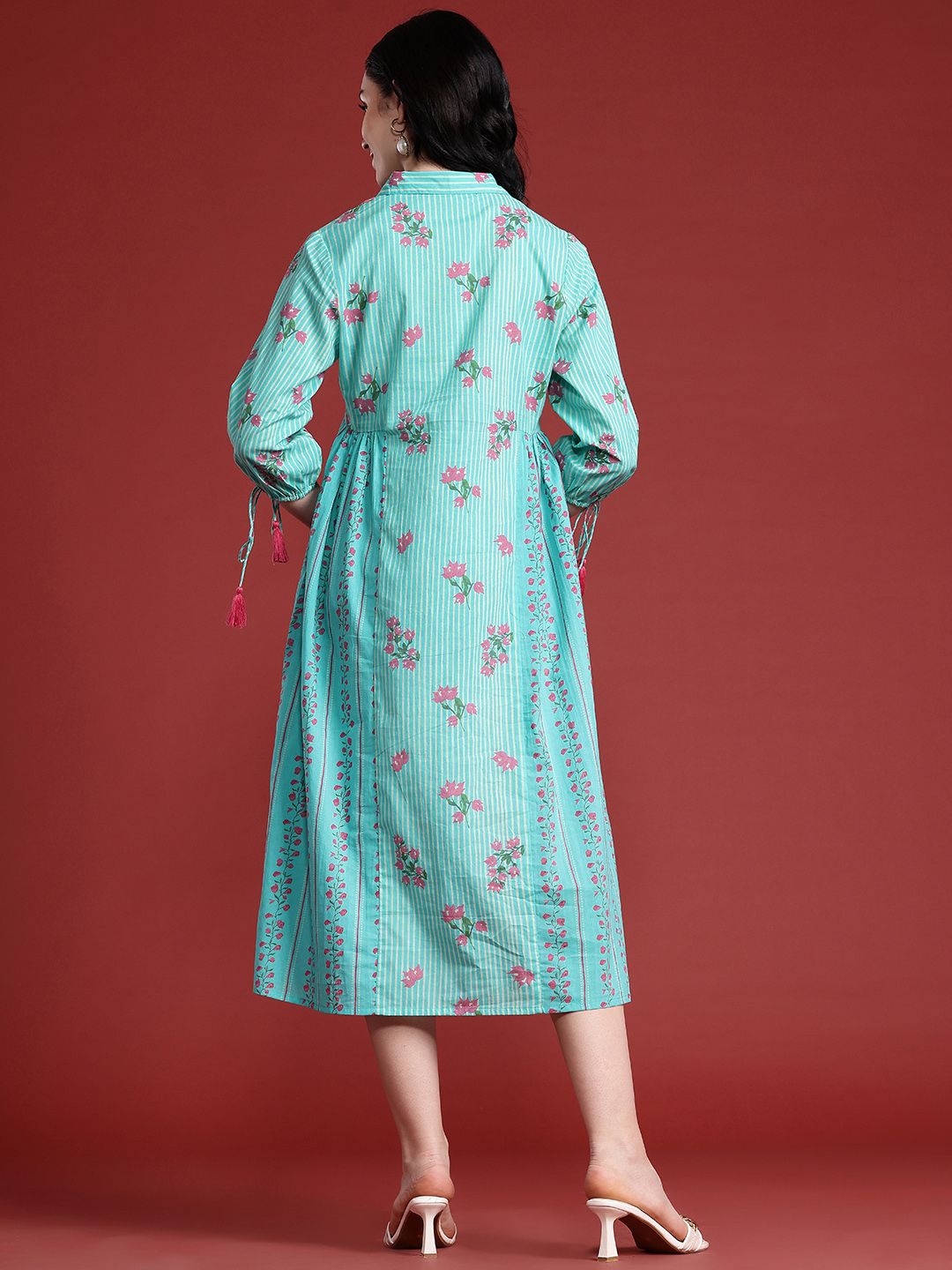 Anouk Floral Print Pleated Tasseled Shirt Collar Pure Cotton Ethnic Dress