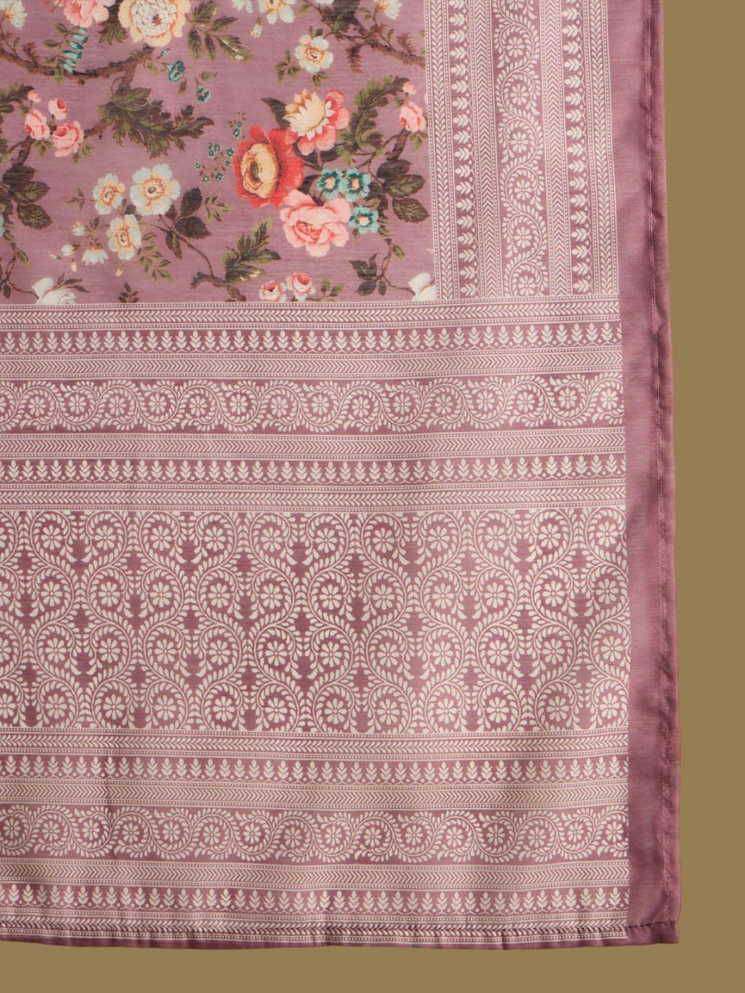 Indo Era Floral Printed Thread Work Chanderi Silk Straight Kurta with Trouser & Dupatta