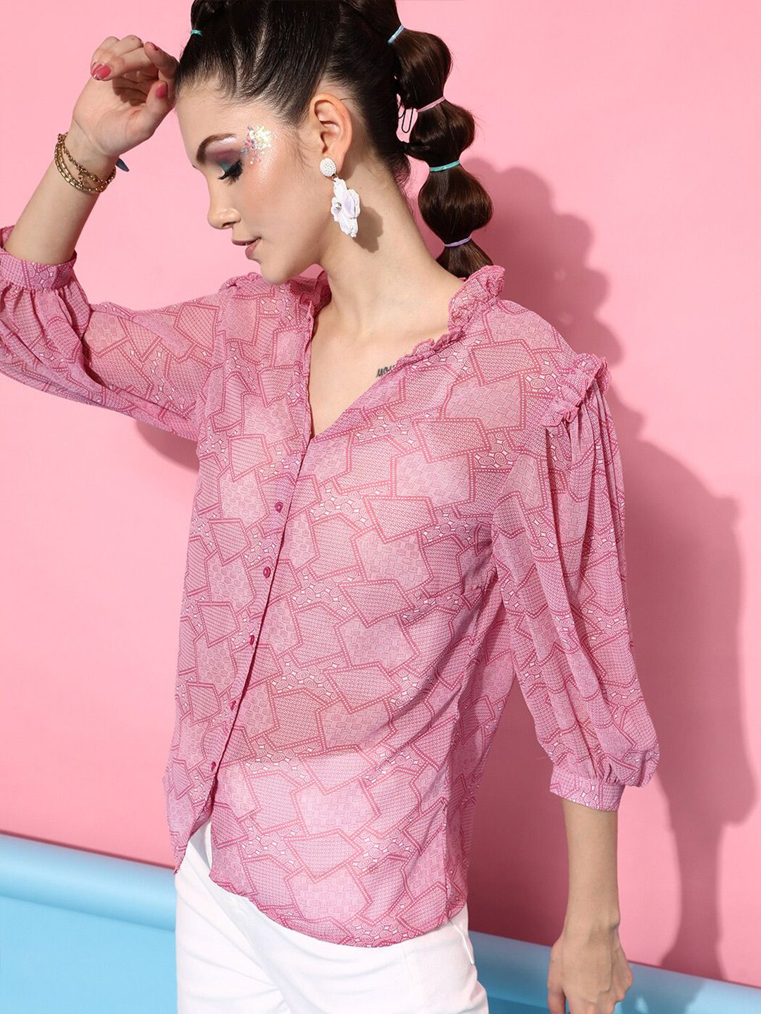 STREET 9 Women Pink Sheer Printed Casual Shirt