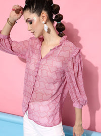 STREET 9 Women Pink Sheer Printed Casual Shirt