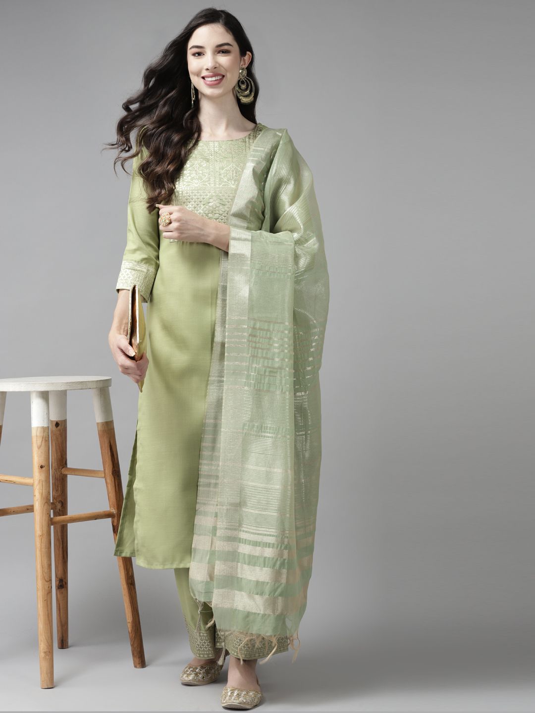 Indo Era Women Green Yoke Design Regular Kurta with Palazzos & Dupatta