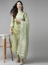 Indo Era Women Green Yoke Design Regular Kurta with Palazzos & Dupatta