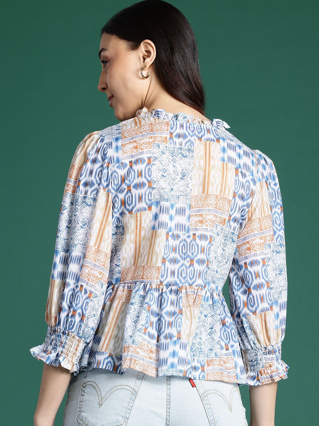 DressBerry Geometric Printed Puff Sleeves Wrap Top