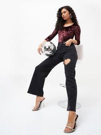 SASSAFRAS Women Straight Fit High-Rise Low Distress Embellished Stretchable Jeans