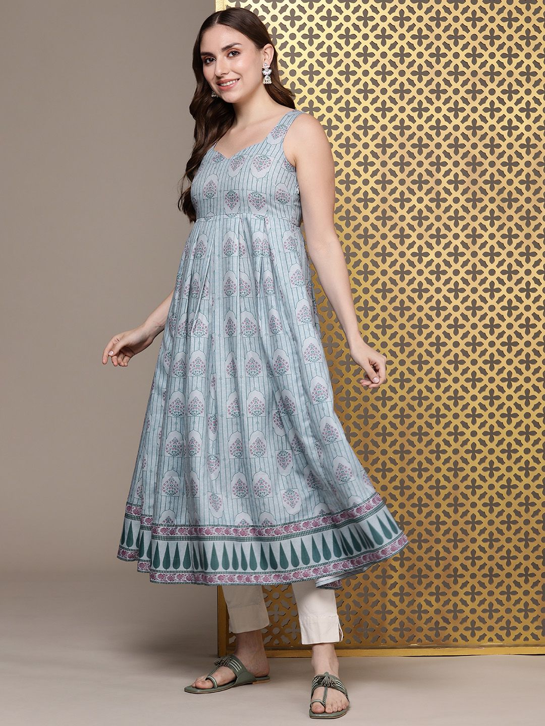 House of Pataudi Ethnic Motifs Printed A-Line Pleated Jashn Kurta