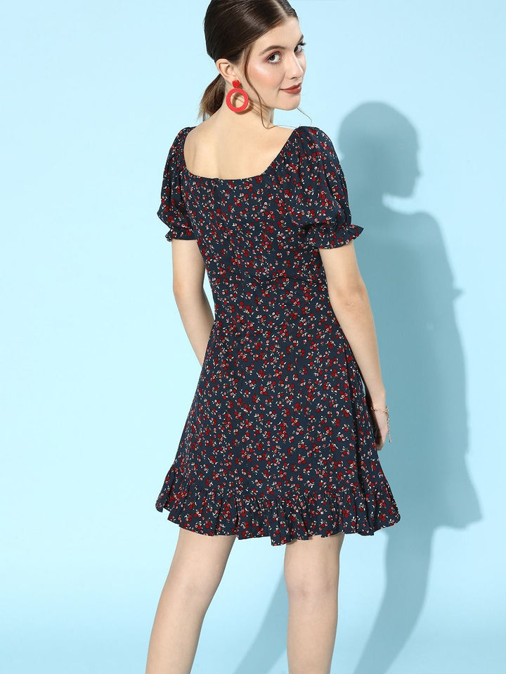 Berrylush Women Deep Navy Blue Floral Puff Sleeves Dress