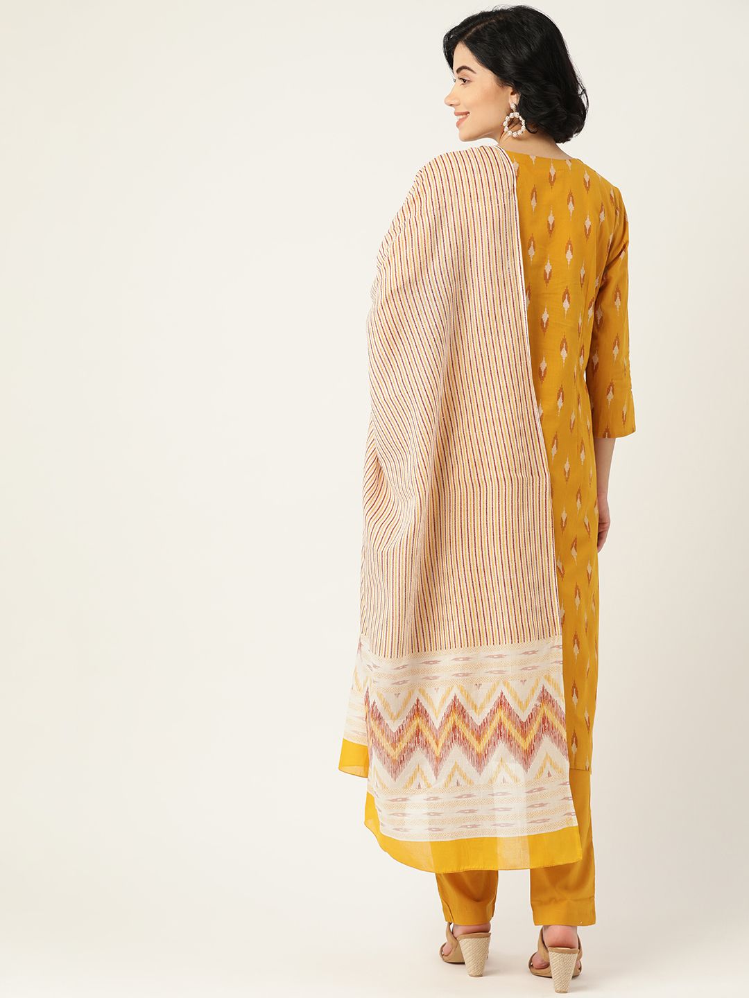 all about you Women Mustard Yellow Pure Cotton Ikat Print Kurta with Trousers & Dupatta