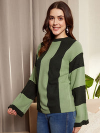 Berrylush Green Striped Acrylic Pullover Sweater