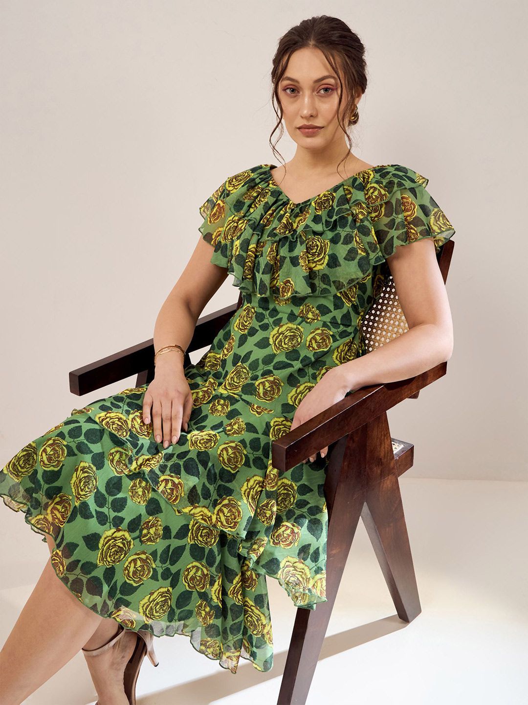 Antheaa Green Floral Print V-Neck Flutter Sleeve Layered Chiffon Fit & Flare Midi Dress