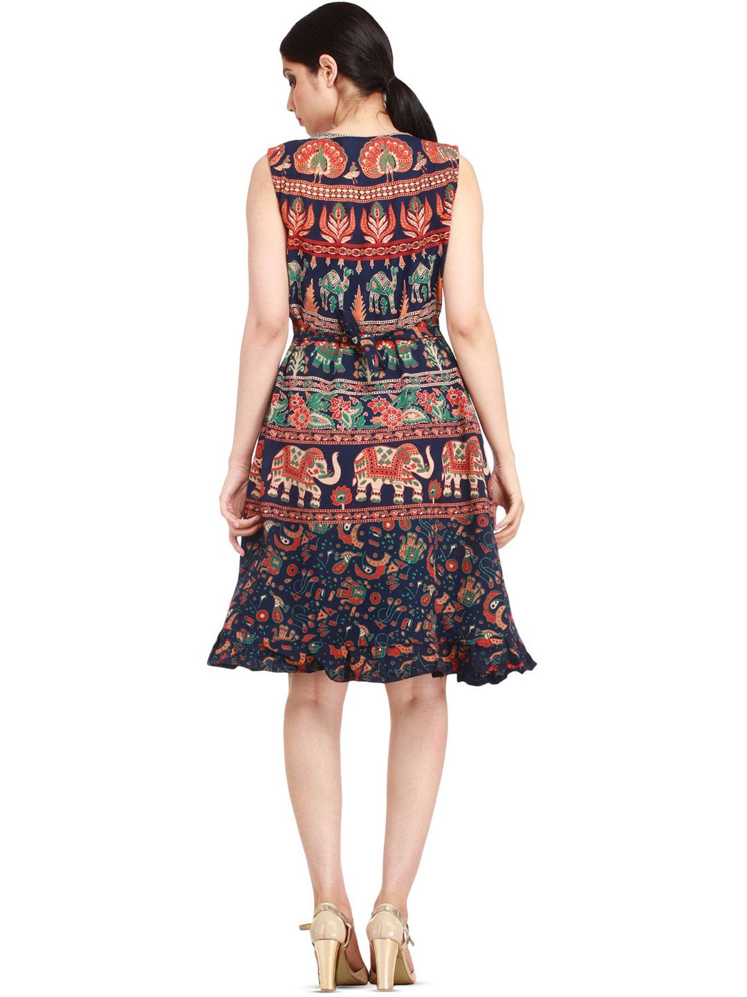 Exotic India Medieval Blue Elephants and Camels Printed Pure Cotton Summer Dress