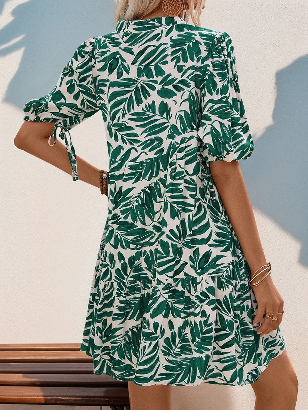 DressBerry Tropical Print Puff Sleeve A-Line Dress