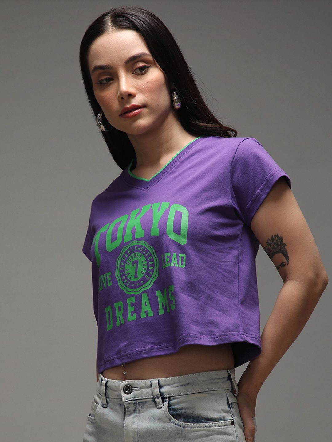 DILLINGER Women Regular Fit Cropped V-Neck Varsity Printed Tshirt
