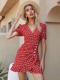 DressBerry Polka Dot Print Puff Sleeve Sheath Dress