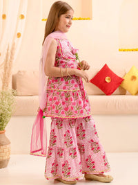 pspeaches Girls Floral Printed Gotta Patti Pure Cotton Kurta With Sharara & Dupatta