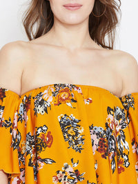 Berrylush Women Mustard Floral Printed Bardot Top