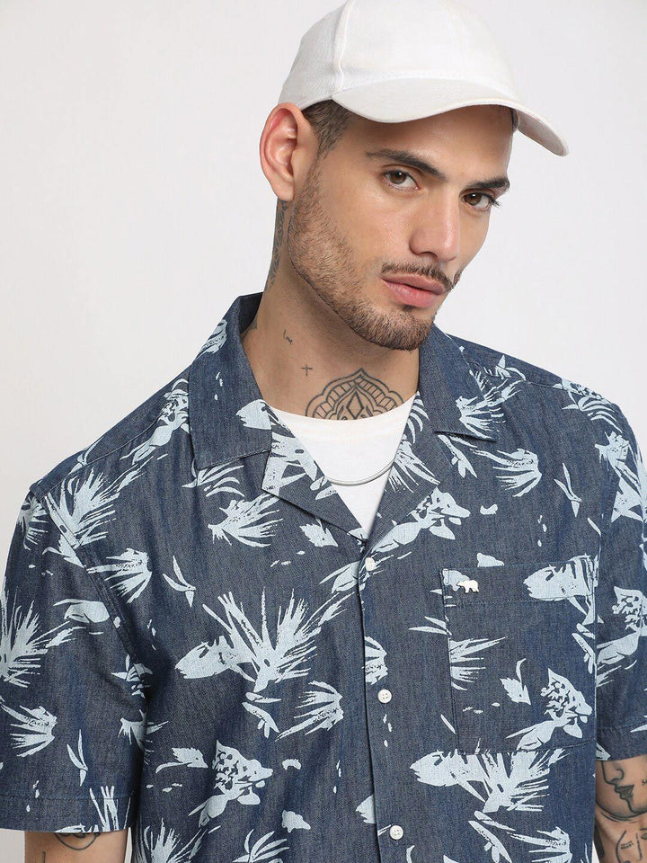 THE BEAR HOUSE Floral Printed Cuban Collar Pure Cotton Casual Shirt
