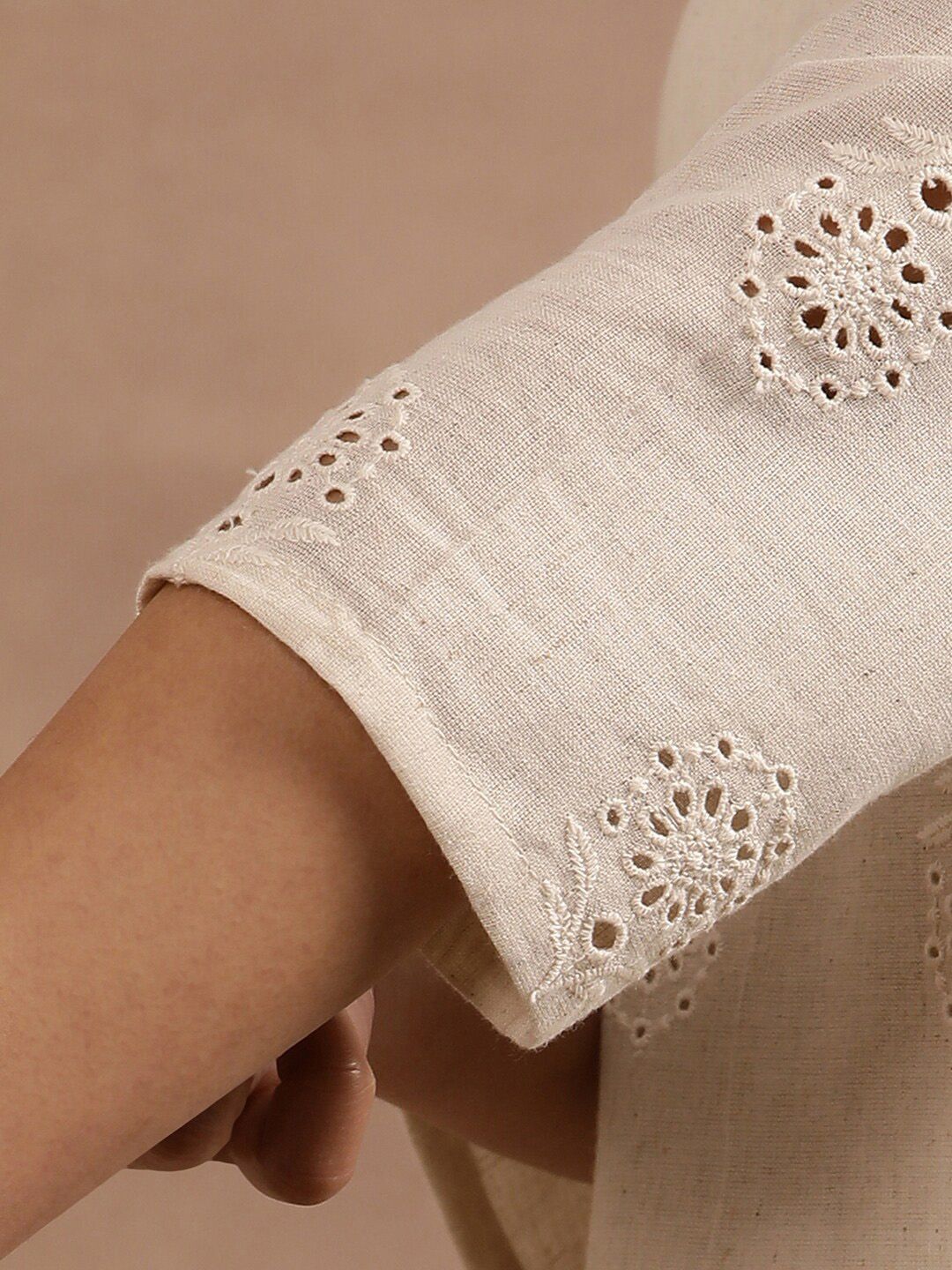 W Beige Floral Embroidered Thread Work Straight Kurta